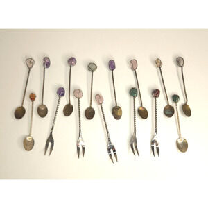 Vintage Demitasse Gemstone Twisted Spoons & Forks From Brazil Set Of 16